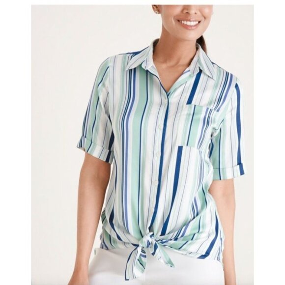 Chicos 4 Women Striped Collared Button-Up Shirt Size 2x plus short sleeve satin - Picture 1 of 15